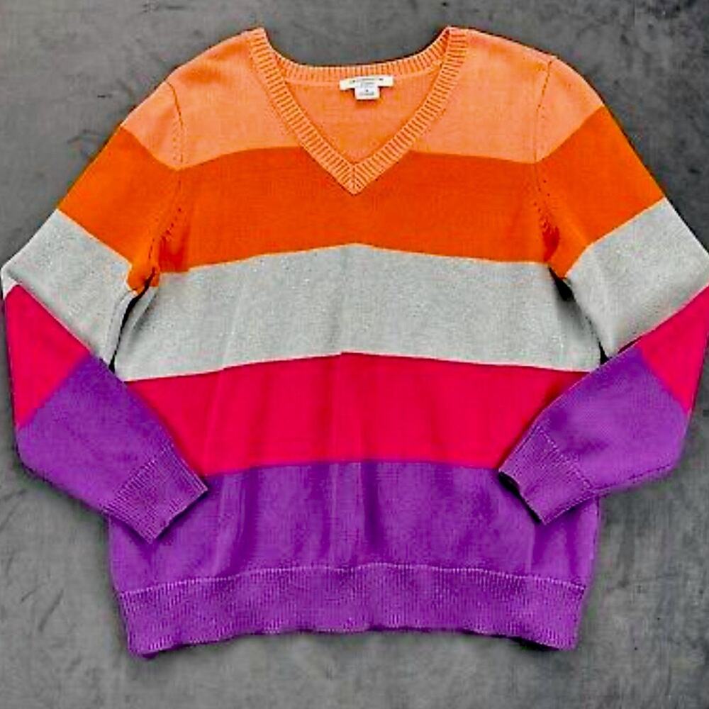 Striped Y2K Vibrant Spring Colorblock Cotton V-Neck Sweater, Petite LG (PL)